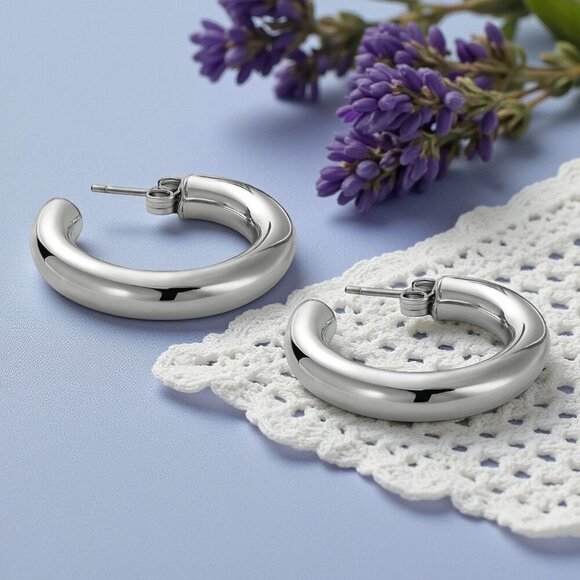 🆕️Chunky C Hoop Earrings 18K White Gold Plated Stainless‎ Steel Minimalist - Picture 4 of 13